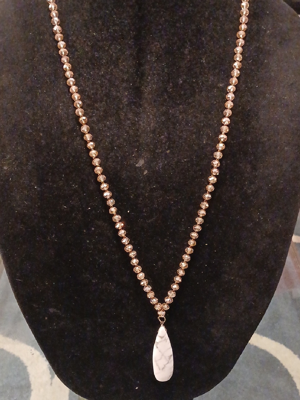 Gold Beaded Necklace with White Marble Teardrop Pendant